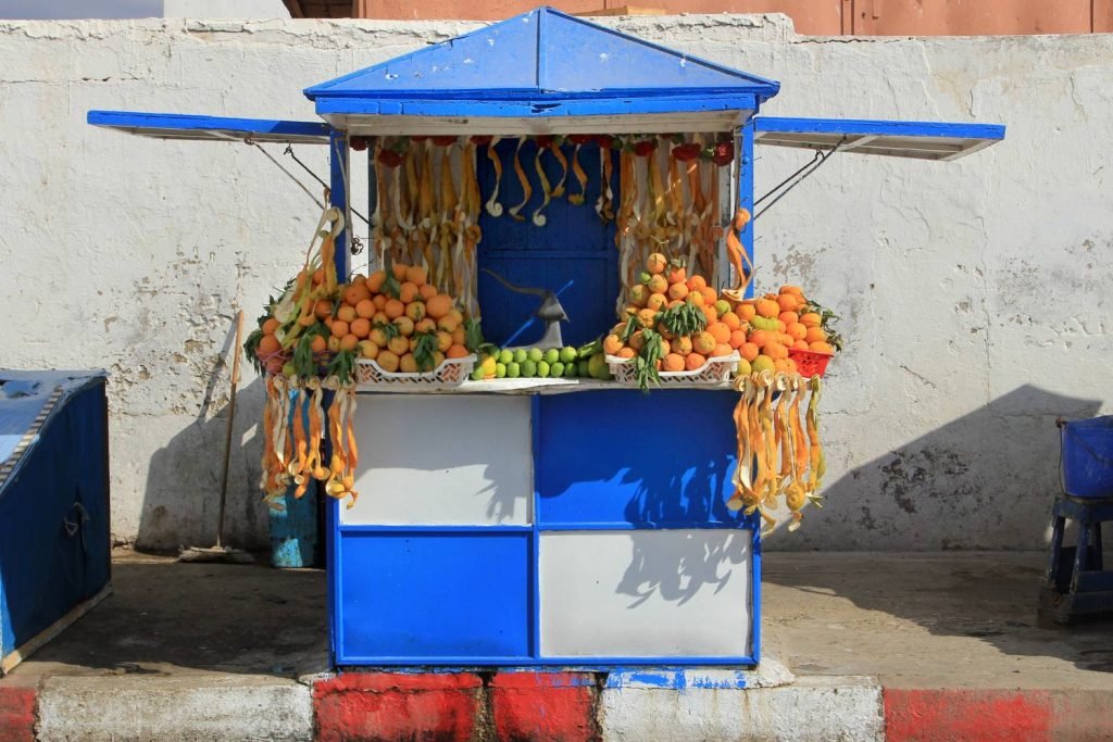 fresh-squeezed orange juice stand among Moroccan street foods